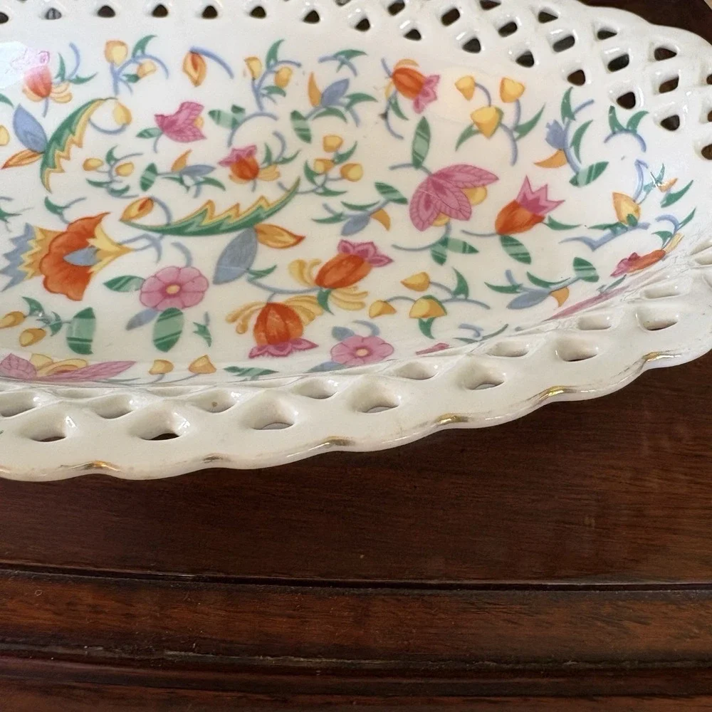 Vintage Retriculated Lace Rim Oval Dish Bright Happy Flowers 10